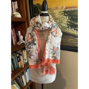 Talbots Coral Border Floral Scarf Long Feminine Head Wrap Hair Covering Tichel